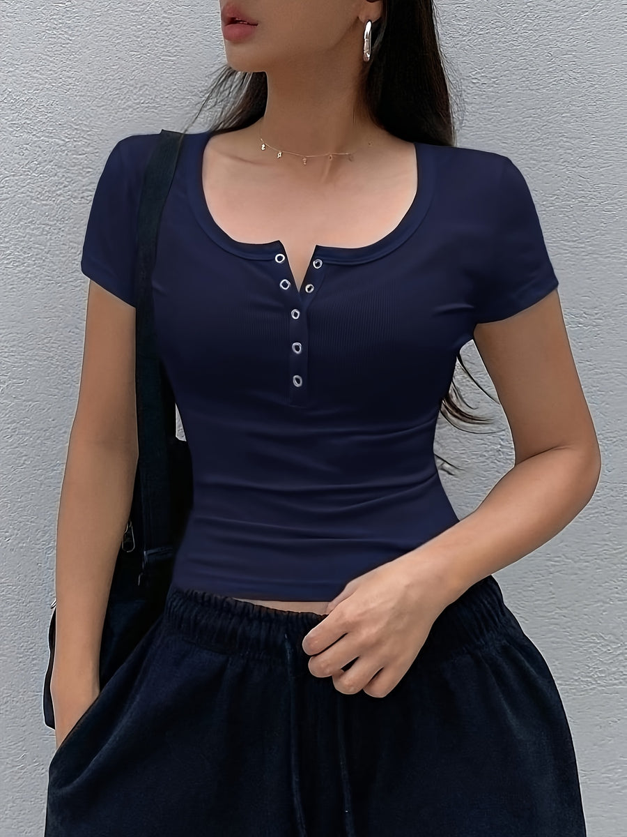 Women's Solid Color Low-Neck Short Sleeve - Navy Color