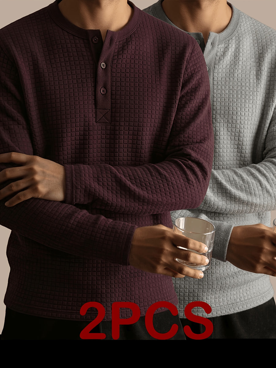 Men's Autumn Two-pc Waffle Knit Henley Long-Sleeve Sweater, Soft Three-Dimensional Checkered Textured Fabric, Three-Button Placket for Adjustable Collar, Simple Casual Commuter Style, Can Be Worn Alone or as a Layering Piece, Suitable for Daily - Beverage Red Gray