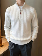 Men'S Casual High-Neck Old Money Style Half-Zip Contrast Color Knit Sweater Autumn Winter Trendy Retro Jacquard Knit Business Casual Solid Color Base Layer Top Winter Clothes for Men - White