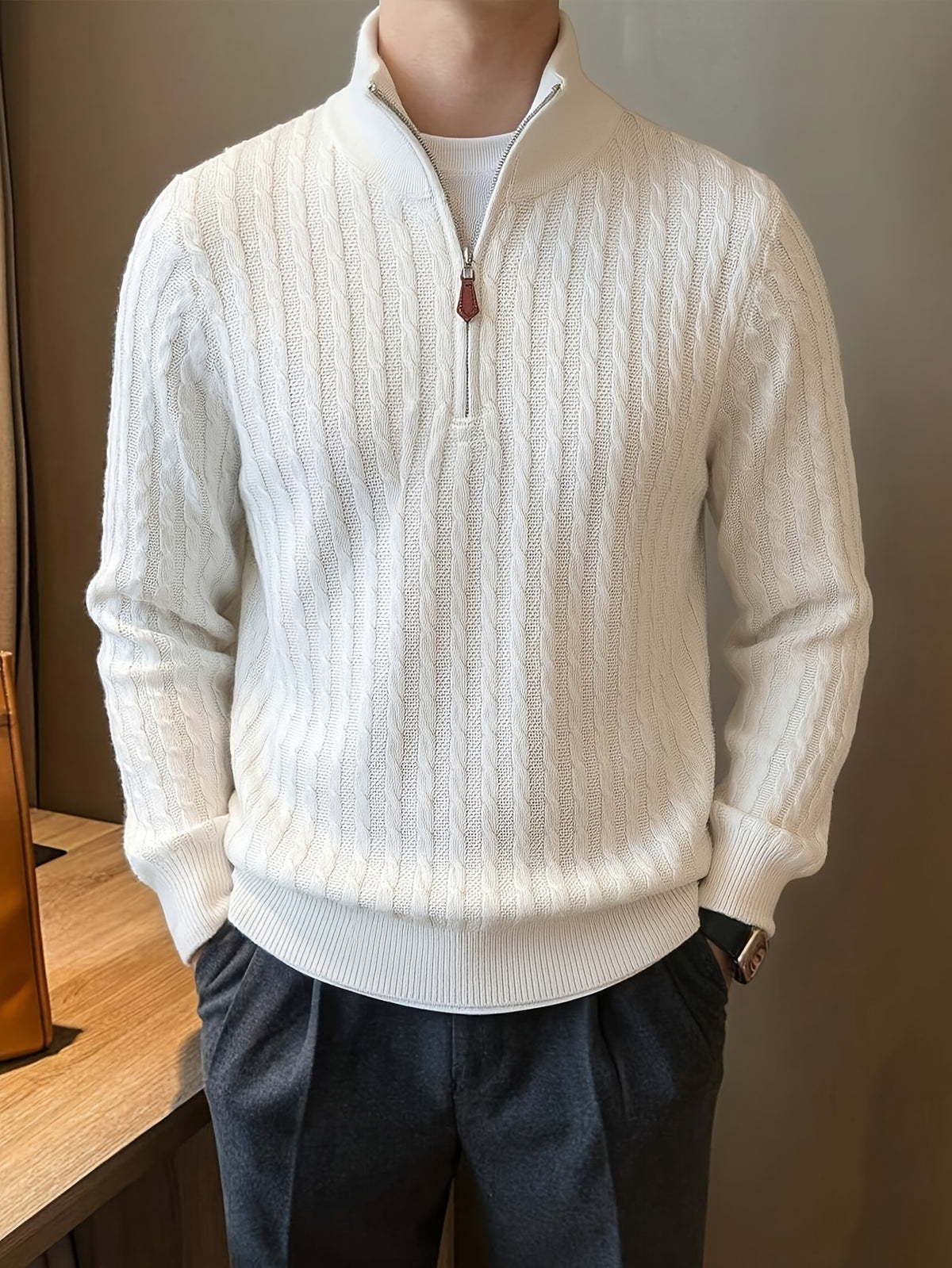 Men'S Casual High-Neck Old Money Style Half-Zip Contrast Color Knit Sweater Autumn Winter Trendy Retro Jacquard Knit Business Casual Solid Color Base Layer Top Winter Clothes for Men - White