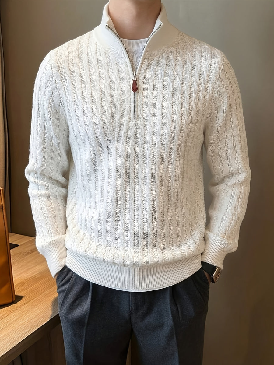 Men'S Casual High-Neck Old Money Style Half-Zip Contrast Color Knit Sweater Autumn Winter Trendy Retro Jacquard Knit Business Casual Solid Color Base Layer Top Winter Clothes for Men - White