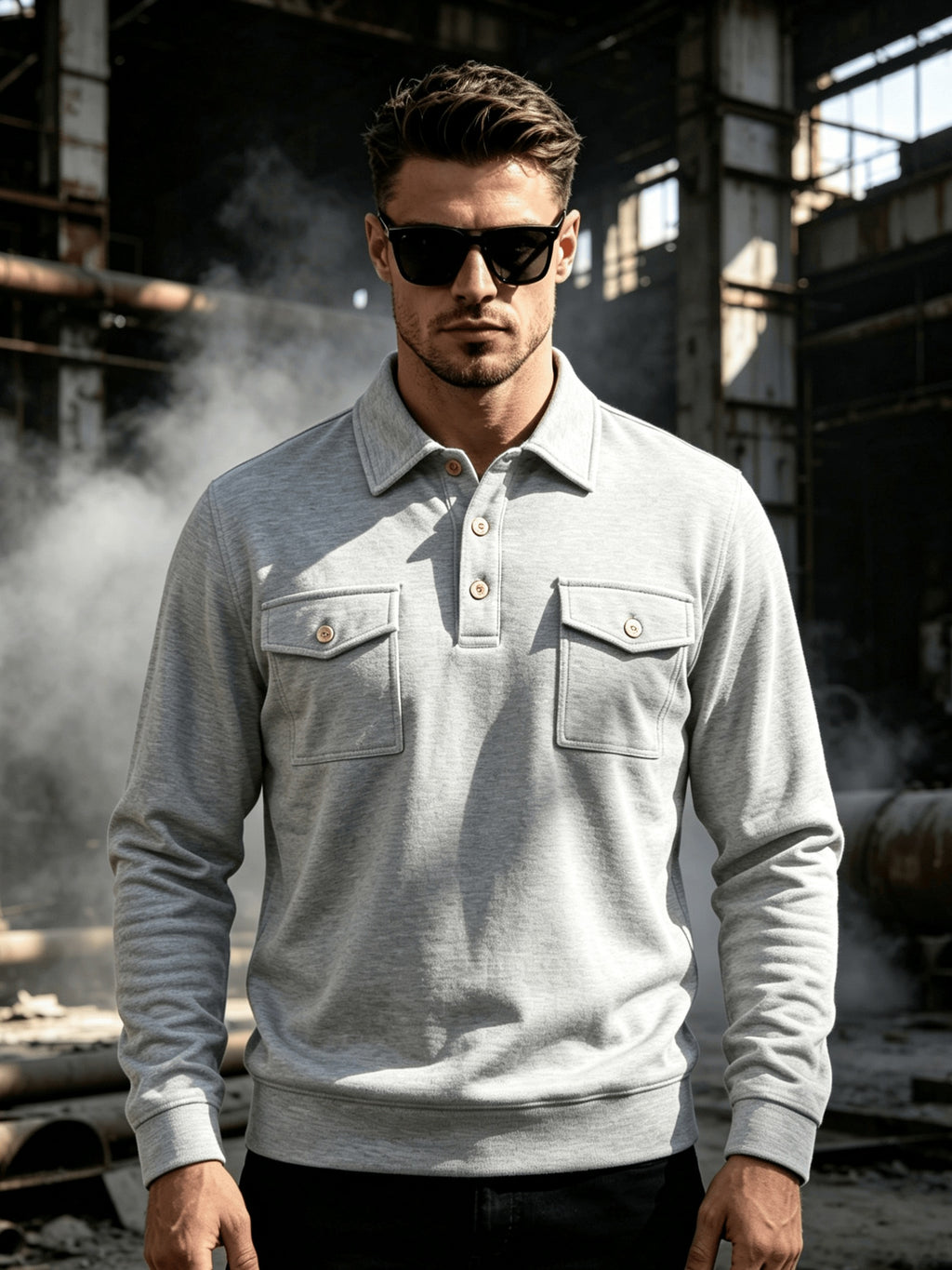 2026 New Men'S Long Sleeve Cargo Polo Sweatshirt, Double Pocket Lapel Design, Autumn Casual Commuter Pullover Top, Christmas Thanksgiving Gift for Boyfriend Husband - Light Grey
