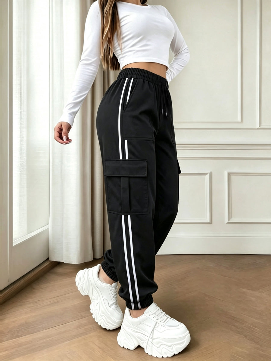 2026 New Striped Drawstring Elastic Waist Sporty Casual Women's Cargo Pants - Black