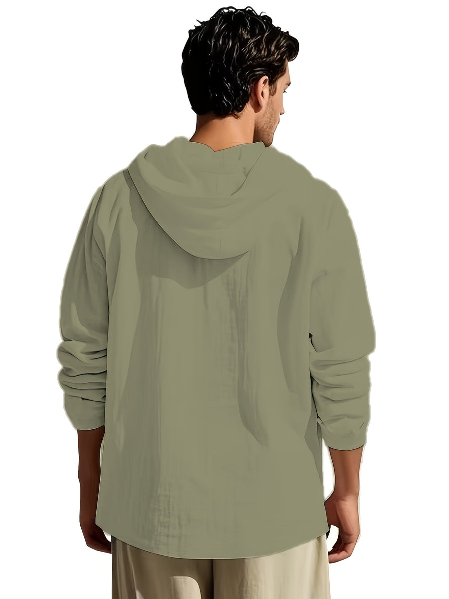 Spring/Autumn Men's Solid Color Half-Zip Hooded Long-Sleeve Single-pc Top, Simple and Comfortable Letter Print Shirt, Streetwear for Outings, Visiting, and Casual Wear - Green
