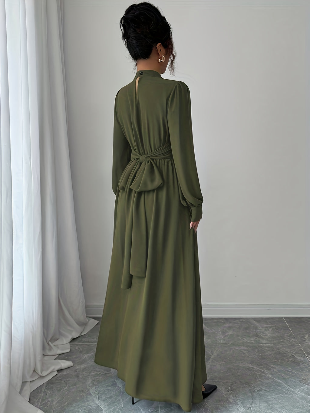 ZD1026017 Elenzga Women's Casual, Elegant, Romantic Sicilian Style Solid Color Chiffon Stand Collar Loose Fit Criss-Cross Tie A-Line Bow Long Sleeve Bridesmaid Dress, Suitable for Commuting, Vacations, Afternoon Tea, Parties, and Dinner Parties - Green