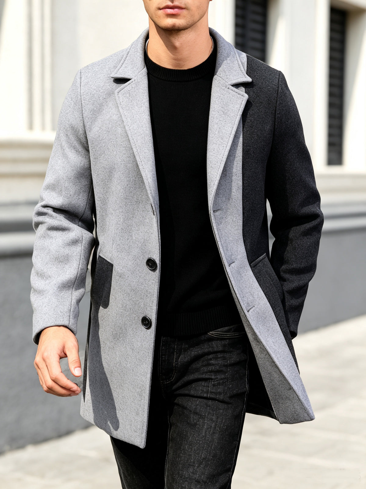 1pc Men's Light Gray and Charcoal Gray Contrast Color Blended Tweed Notch Lapel Single-Breasted Coat with Slant Pockets, Trendy Autumn/Winter Fit for Commuting, Parties, and Mid-Length Occasions - Silvery Grey