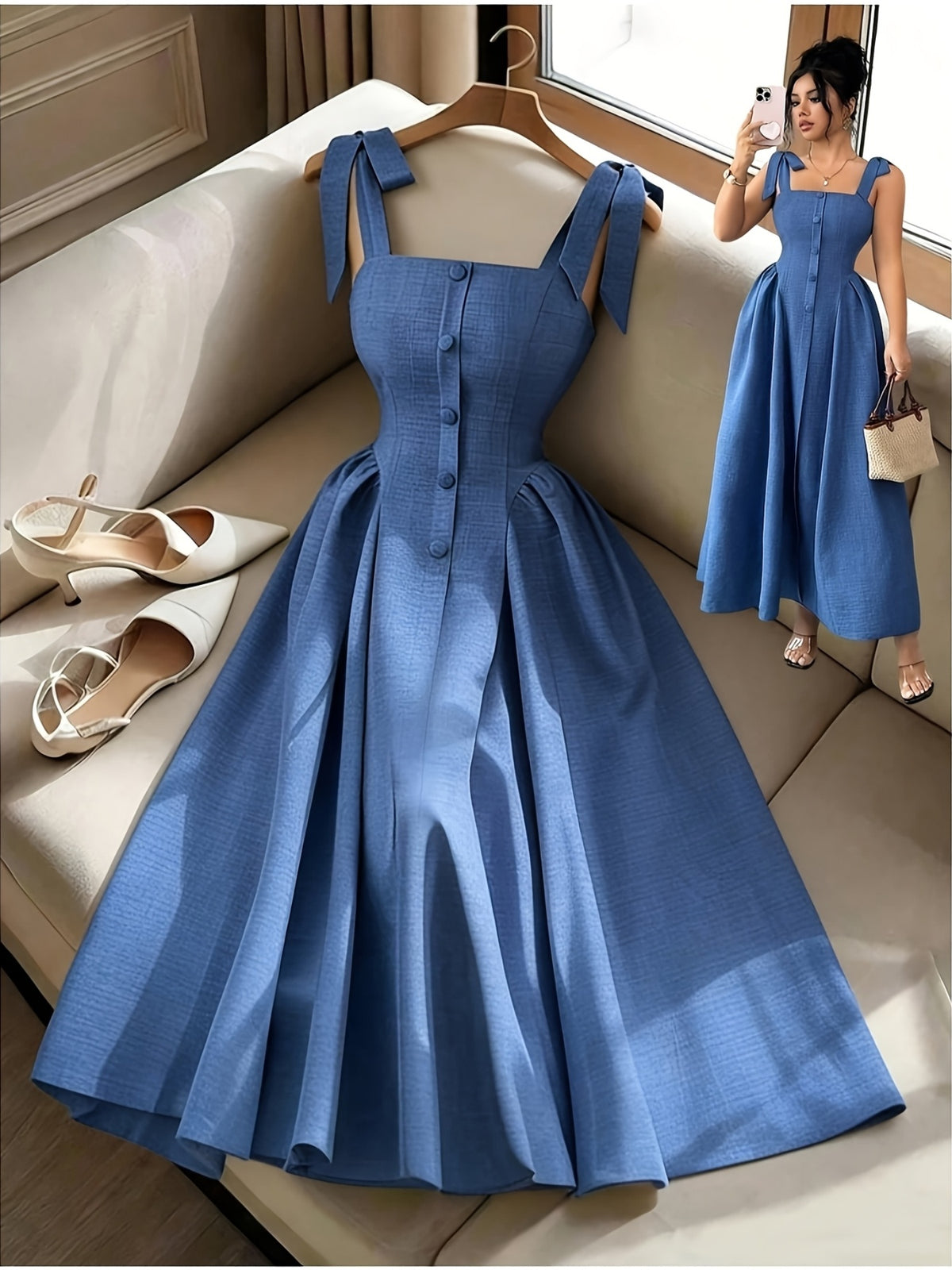 Elegant, Exquisite And Fashionable Bow Camisole Long Dress - Blue