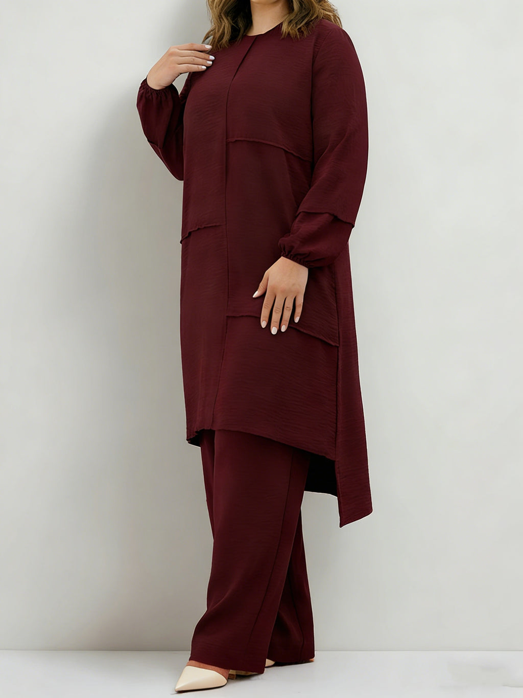 Eid Muslim 2pcs Jilbab Set | Modest Abaya with Wide Leg Pants | Traditional Daily Commute Wear - Burgundy