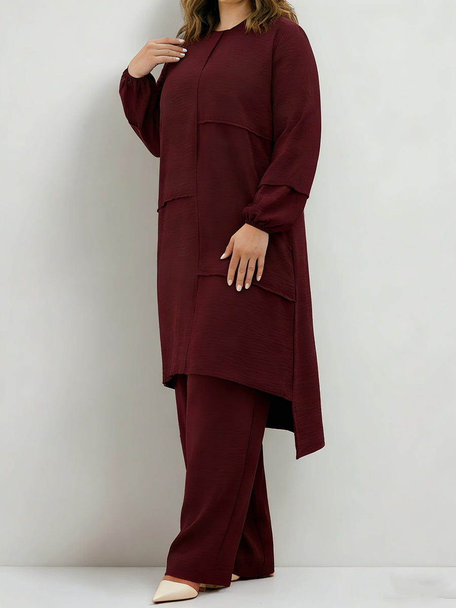 Eid Muslim 2pcs Jilbab Set | Modest Abaya with Wide Leg Pants | Traditional Daily Commute Wear - Burgundy