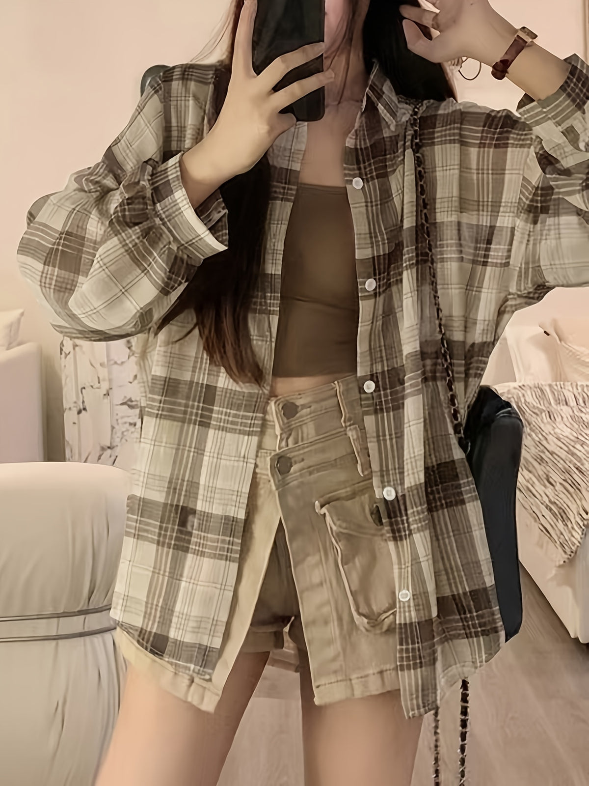 Chiffon Plaid Print Sheer Blouse Top Sunscreen Shirt - Khaki