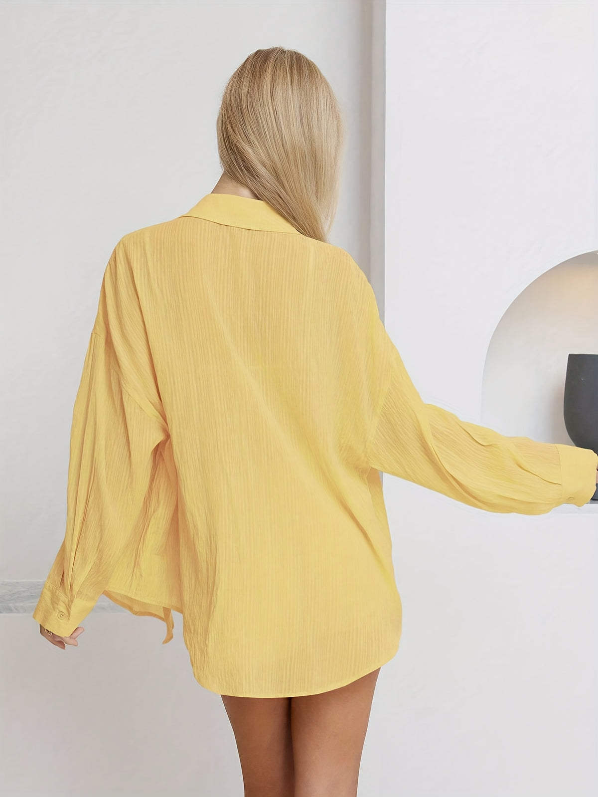 Women's 2pcs Shirt & Shorts Matching Outfit - Short-Sleeve Button-Front Blouse with Low-Rise Swim Shorts, Solid Color Loose Fit Beachwear for Spring Summer Vacation, 2pcs Ensemble (Machine Washable) - Golden