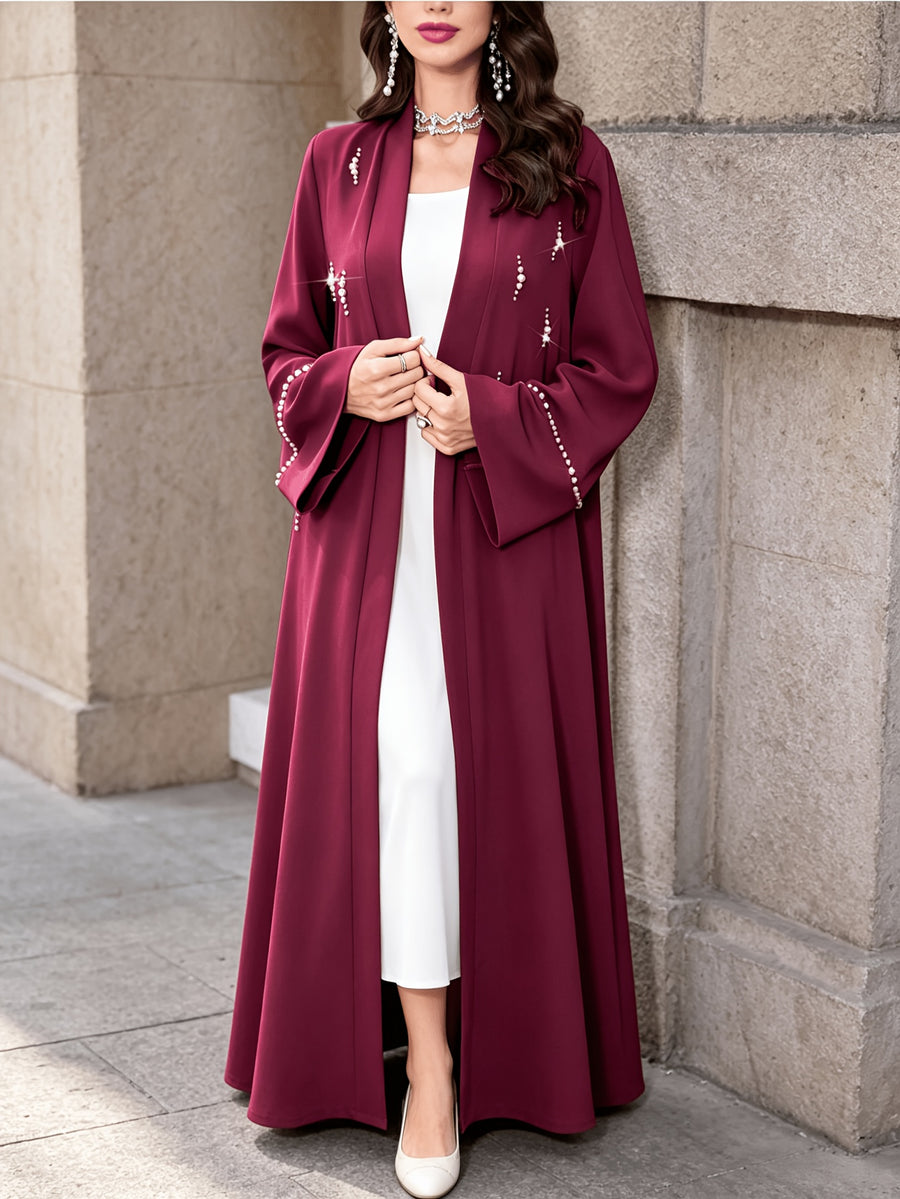 1pc Women Open Front Abaya Cardigan, Elegant Pearl Rhinestone Embellished Long Sleeve Maxi Outerwear, Modest Islamic Dubai Style Abaya Coat for Party Evening - Deep Red
