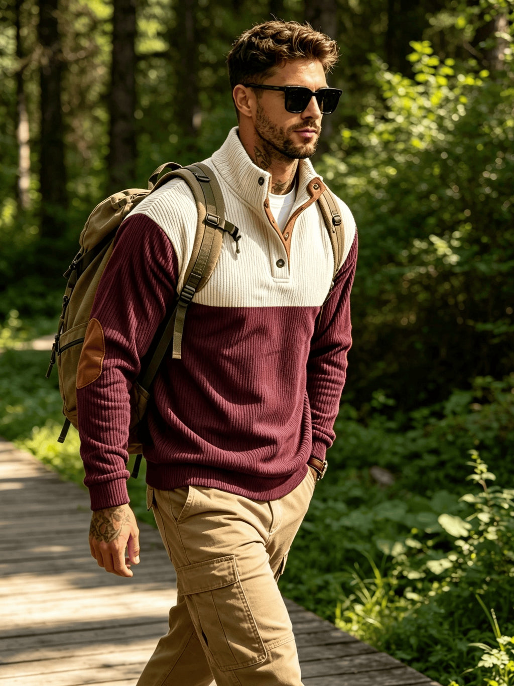 2026 New Men'S Color-Block Corduroy Sweatshirt - Casual Stand Collar, Long Sleeve with Ribbed Cuffs And Hem, Button Detail, Machine Washable - Elegant Two-Tone Patchwork for Fall, Autumn Fashion | Color-Block Design | Stretchable Fabric - Burgundy
