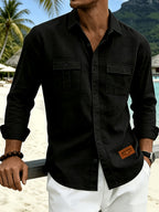 [Pearson OBM] Milan New Men'S Lapel Long Sleeve Shirt Light Luxury Premium Casual Loose All-Match Top Suitable for Seaside Vacation Beach Outing Travel Walking Daily Commute City Outing Date Party Home Wear Fresh Neat Comfortable Durable Good-Lookin - Black
