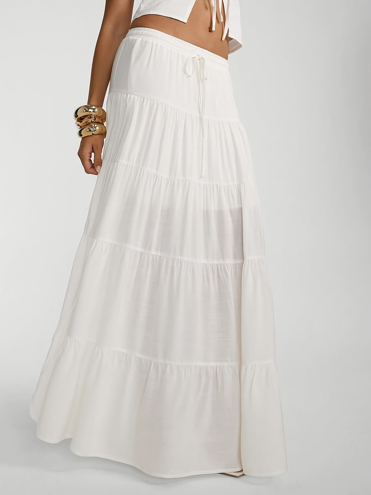 Women's New Spring/Summer Solid Color Long Maxi Skirt, Elegant Casual Pleated A-Line Flared Bohemian Style Vacation Dress for Women, Graduation, Women's Teacher Apparel, Back to, Elegant Long Dress - White