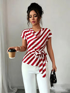 Women's Elegant Commuter High-Neck Striped Print Vacation Casual Shirt - Multicolor