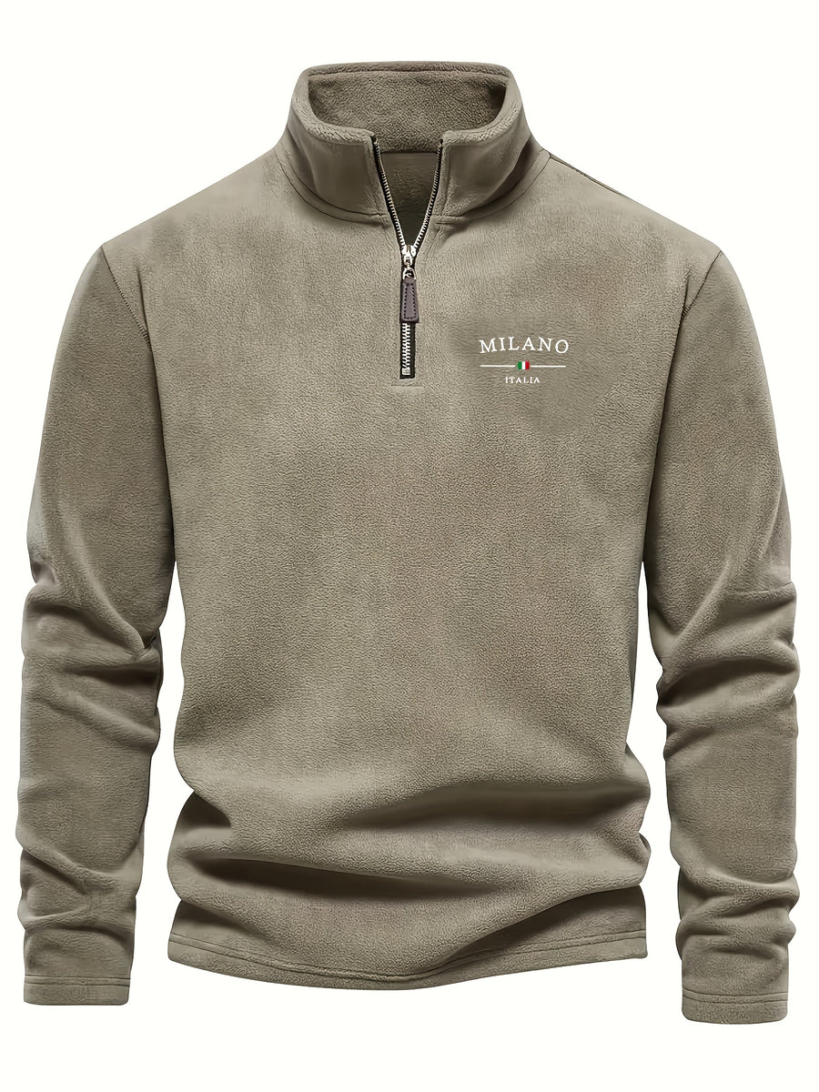 Autumn Winter Men'S Fleece Thickened Henley Stand-Up Collar Sweatshirt 1/4 Zip Warm Top Double-Faced Fleece Jacket, New Season - Khaki