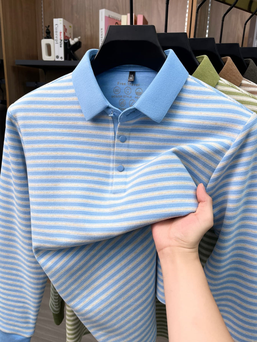 Men's Thin Striped Lapel Long Sleeve Polo Top, Wrinkle Free Loose Casual Long Sleeve T-Shirt, Business Basic Apparel for Middle-aged Dads, Spring Autumn Clothes for Golf, Fishing, Tennis Daily Wear - Sky Blue