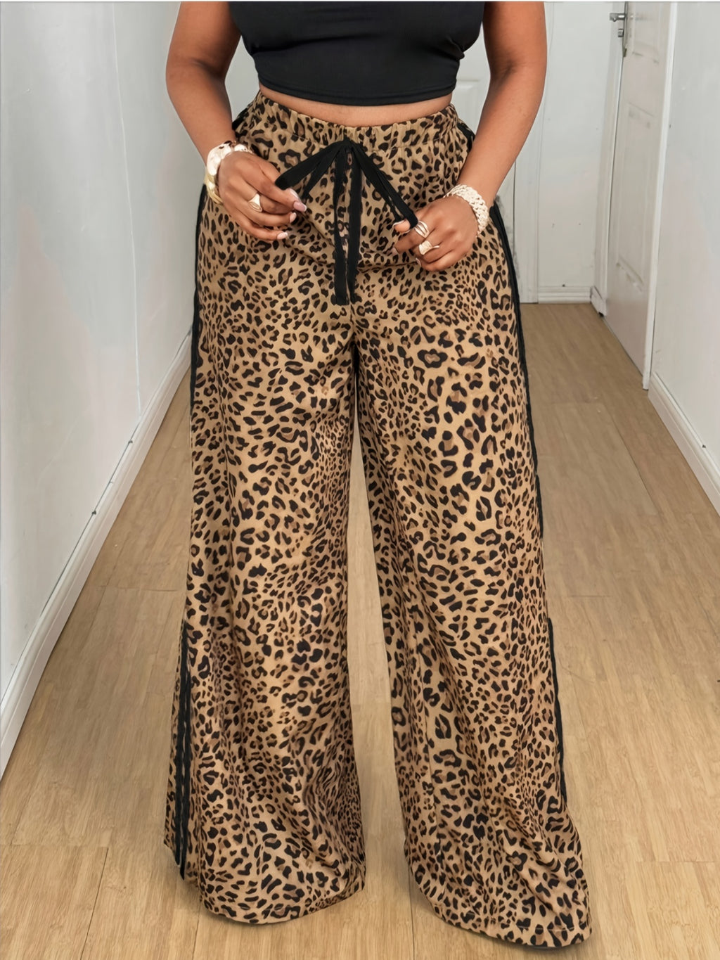 Leopard Print Striped Print Spring Autumn Wide Leg Pants, Fashionable Sexy Straight Leg Trousers Loose Long Pants - Mixed colors