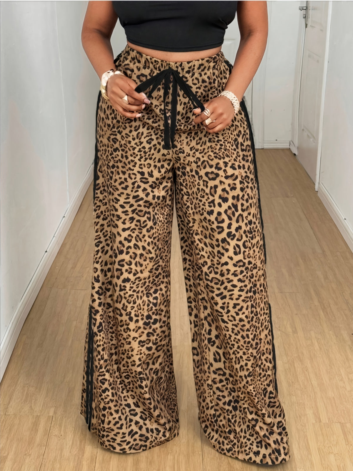 Leopard Print Striped Print Spring Autumn Wide Leg Pants, Fashionable Sexy Straight Leg Trousers Loose Long Pants - Mixed colors