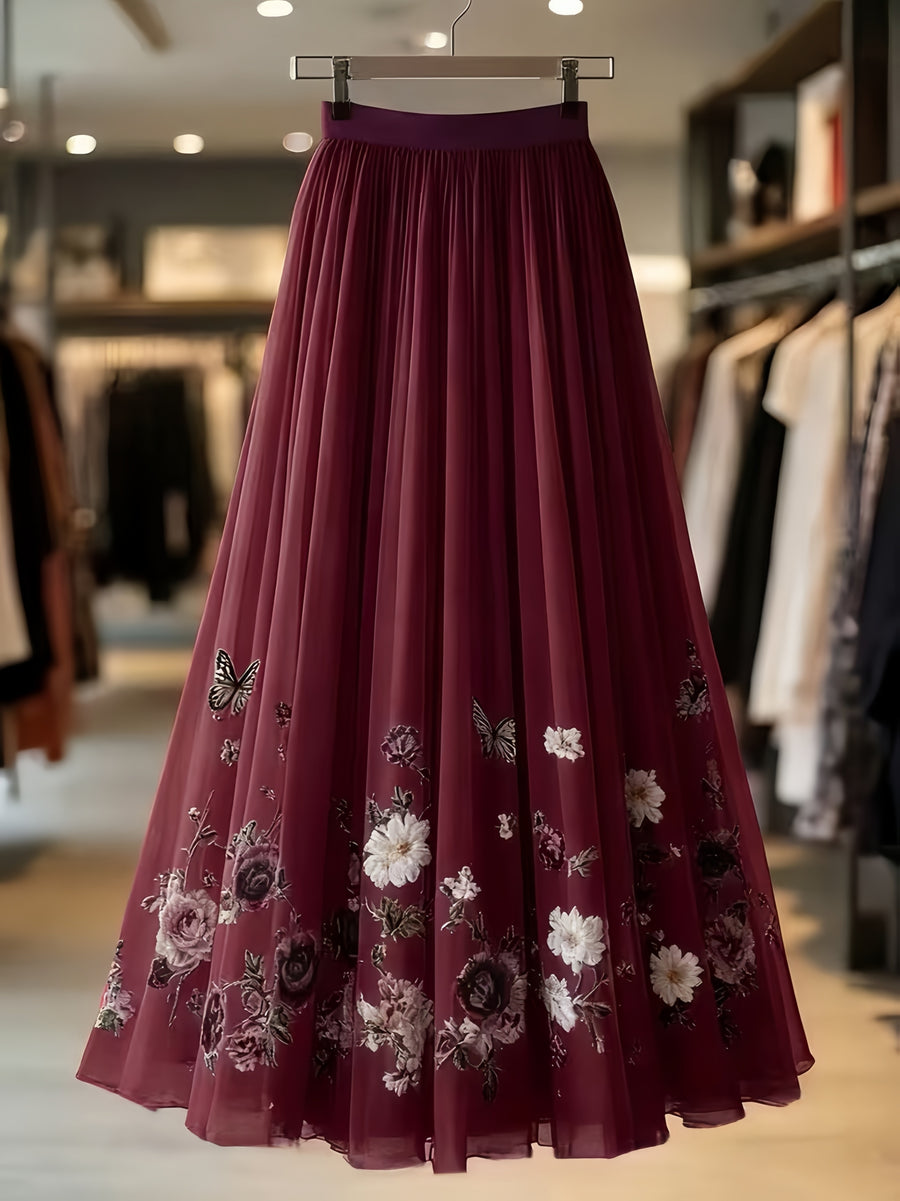 Spring and Autumn Women's Elegant Printed Midi A-Line Chiffon Skirt, Vacation Wear, Party Banquet Wear, Birthday Wear, Wedding Guest Wear, Easter Wear, Carnival Wear, Christmas Wear, Valentine's Day Wear, Holiday Wear, Suitable for Street Outings - Burgundy