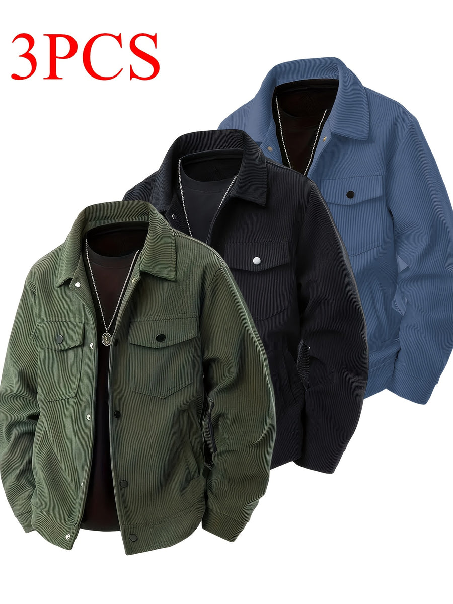 Joshmei OBM Autumn/Winter New Arrival Men's Solid Color Fashion Multi-Pocket Button-Up Cargo Jacket Outerwear 3pcs Set - Army Green+black+blue