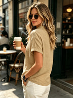 Ladies' Casual Solid Color Short Sleeve Shirt, Versatile Commuting Style Top, Loose And Comfortable, Lightweight And Breathable - Apricot