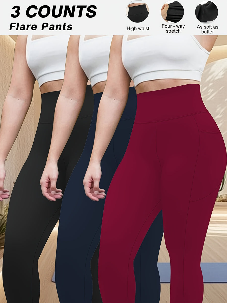 Plus Size - Plus Size - Set of 3 Plus-Size High-Waisted Tight Leggings for Women, Suitable for Outdoor And Workouts. The Fabric Is Highly Elastic, Providing Tummy Control And a Effect. Features Side Pockets for Phone Storage - 1 Black 1 Navy Blue 1 Wine Red