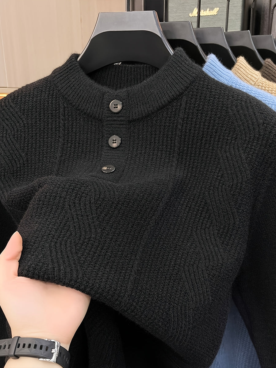 Spring And Autumn Men'S Half-Button Henley Collar Knit Sweater 3D Jacquard Texture Warm Easy And Atmospheric Middle-Aged Men'S Commuter Pullover - Black