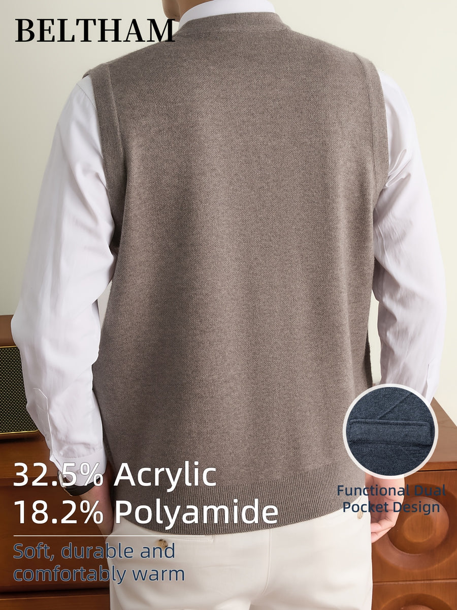 New Autumn Winter Men'S Knit Vest, Ideal Gift for Dad And Husband, with Pockets Warm Cold Resistant Soft Cozy Sweater Waistcoat, Minimalist Elegant Versatile Sleeveless Top for Daily Business Casual Camping Wear - Camel
