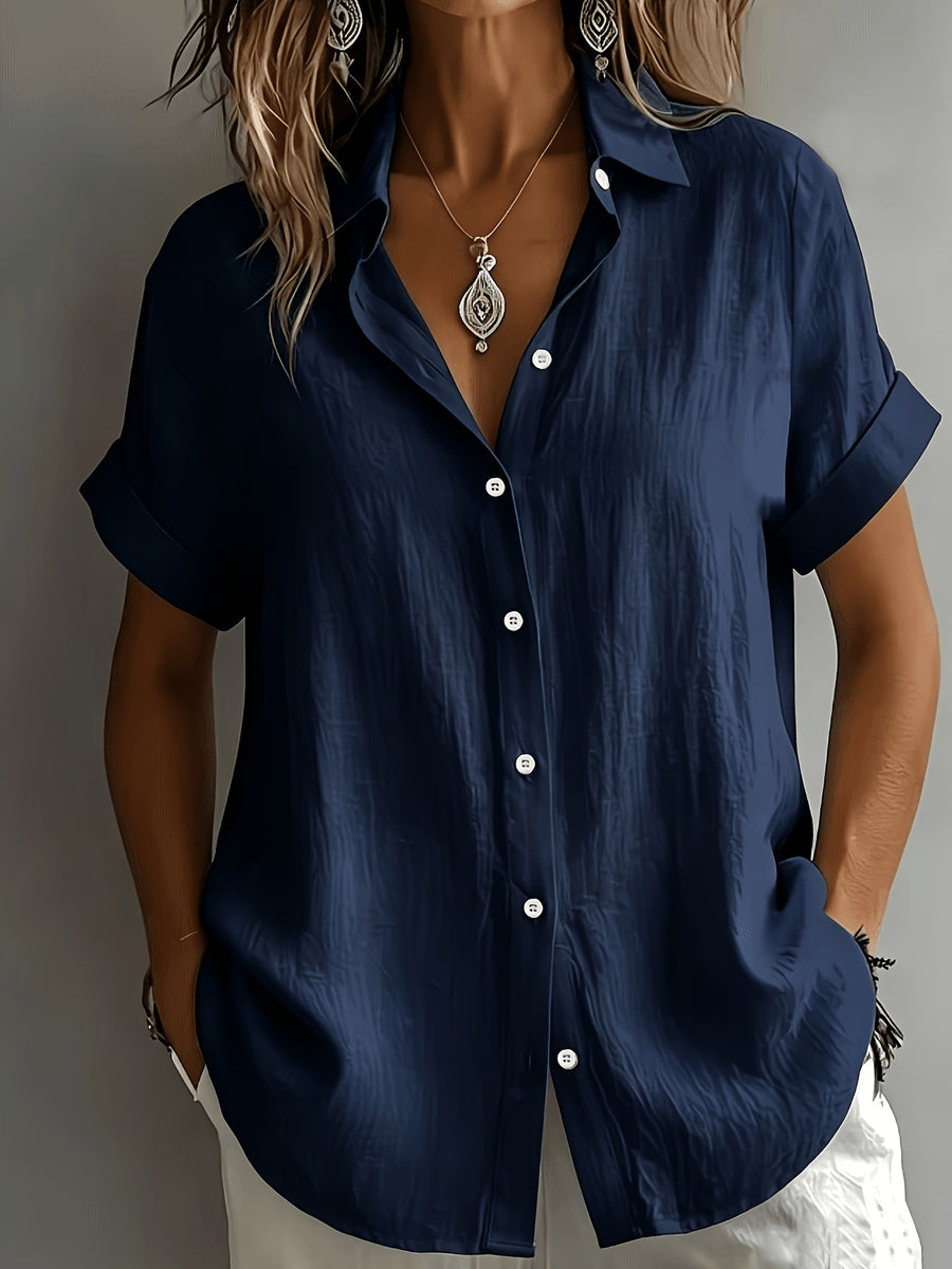 Women's Elegant Vacation-style Short-sleeve Top, Loose and Relaxed Shirt, Commuting Casual Literary Style, Figure-flattering, Daily Temperament Style, Loose and Draping, Breathable and Comfortable - Navy Color