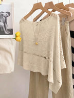 Women's Hollow-Out Cape Top, Boat Neck Irregular Hem Summer Beach Cover-Up, Seaside Bohemian Vacation Style Casual Top, Lightweight Breathable Loose Knitwear, Mesh Detail Horizontal Stripes, Relaxed Layering Style, Suitable for Holidays, Daily Wear - Beige