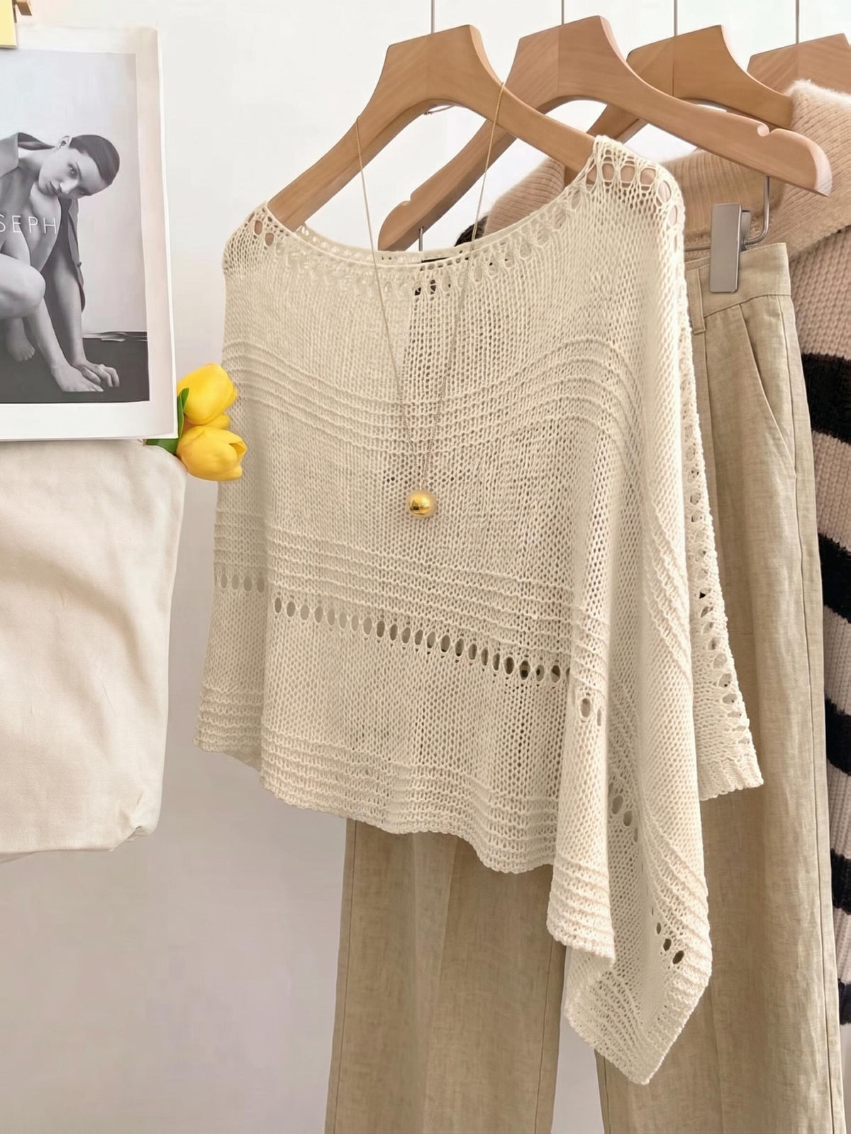 Women's Hollow-Out Cape Top, Boat Neck Irregular Hem Summer Beach Cover-Up, Seaside Bohemian Vacation Style Casual Top, Lightweight Breathable Loose Knitwear, Mesh Detail Horizontal Stripes, Relaxed Layering Style, Suitable for Holidays, Daily Wear - Beige