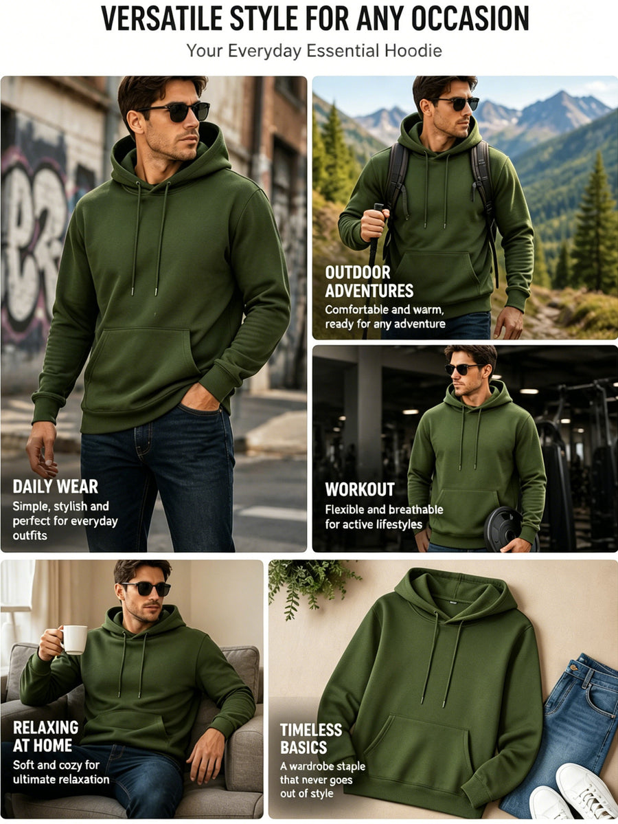 Men's Three-Panel Hooded Sweatshirt with Forest Scenery Patchwork Line Art Print, European and American Outdoor Style Casual Sweatshirt - Army Green