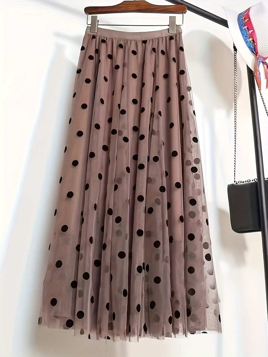Mesh Flocked Polka Dot Elegant Midi Skirt Women'S Spring And Autumn Polka Dot Skirt - Dark Brown