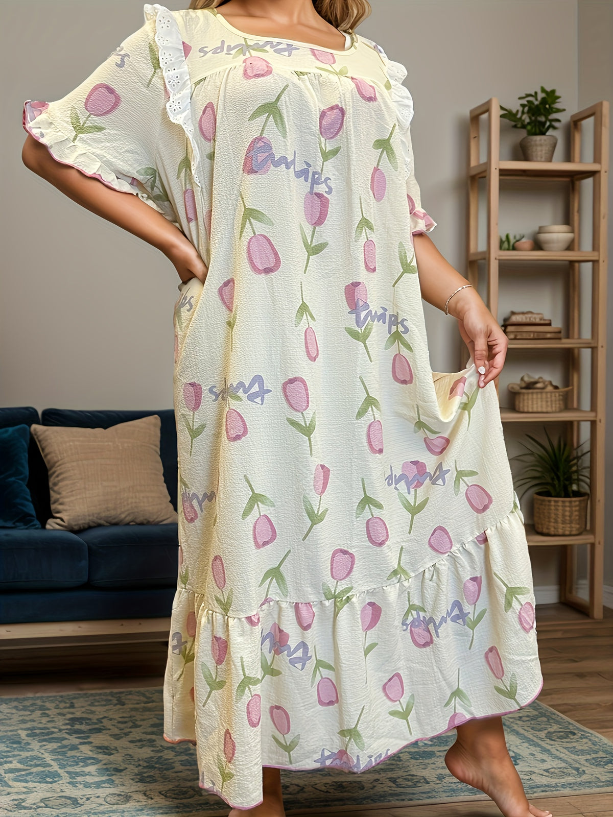 Plus Size Women's Casual Elegant Bubble Crepe Short Sleeve Midi Nightgown with Marigold Print - Multicolor