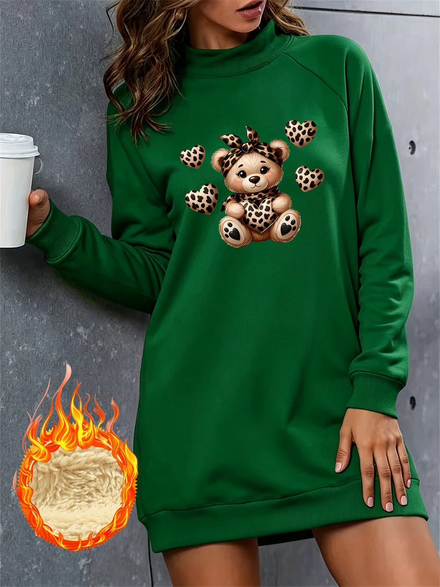Leopard Print Bow Bear Heart Pattern Half-Neck Long Plush Fleece Sweatshirt Women'S Loose Casual Sweatshirt Dress - Green