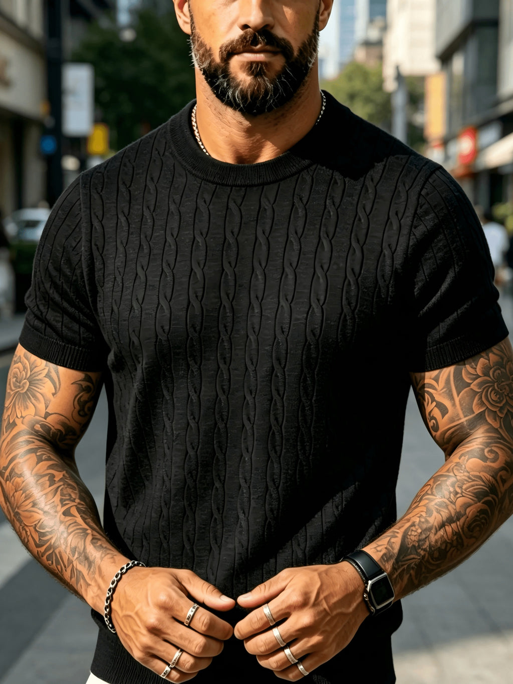 Men's Summer Solid Color Crew Neck Knit Short Sleeve Slim Fit Lightweight Half-Sleeve Top, Premium Basic Crew Neck Knitwear, Versatile Casual Base Layer for Daily Commuting - Black