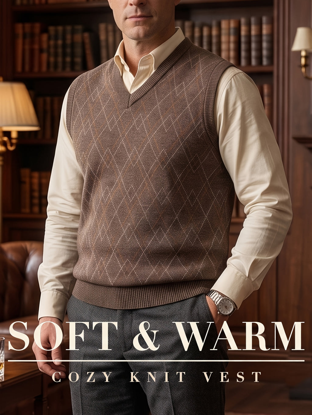 Men's Rhombus Knit Vest Suitable for Business Casual - Sleeveless V-Neck Sweater Vest with High-Elasticity Machine Washable Pullover, Winter Layering Outerwear for Commuting, Office & Weather, Non- Suitable for Business - Camel