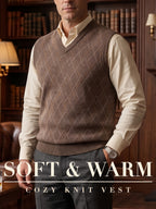 Men's Rhombus Knit Vest Suitable for Business Casual - Sleeveless V-Neck Sweater Vest with High-Elasticity Machine Washable Pullover, Winter Layering Outerwear for Commuting, Office & Weather, Non- Suitable for Business - Camel