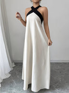 Elegant Backless Strapless Sleeveless Maxi Dress with Black and Apricot Color Blocks, for Casual Beach Vacations - Beige