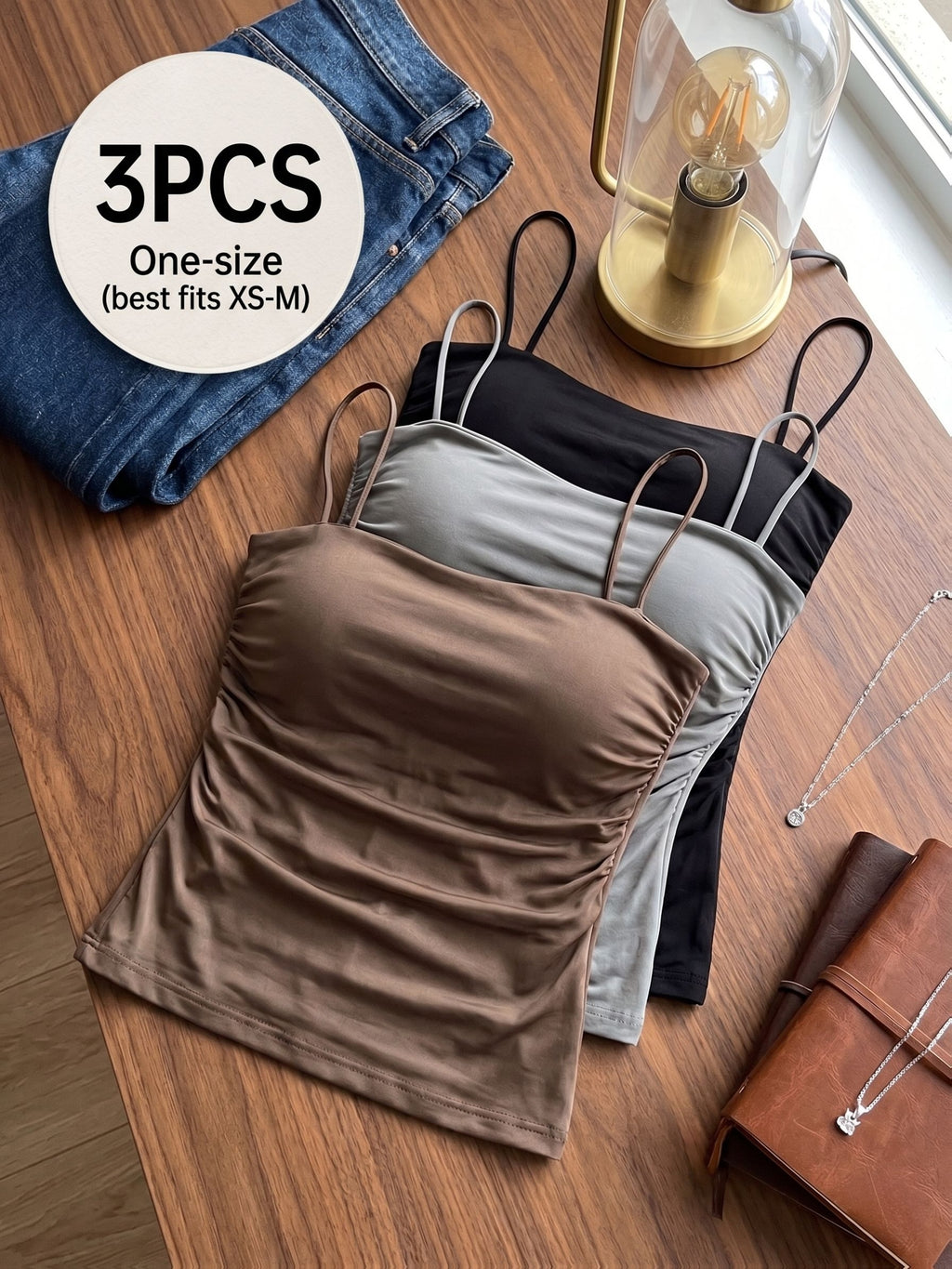 Backless Bra-Free Cami 3pcs Set, Fixed Bust Pad Non-Spillage, Waist Ruched Waist Shaping, Breathable Moisture-Wicking Inner Wear Outer Wear Women'S Clothing, Skin-Friendly Breathable Multi-Scene Versatile Women'S Clothing - Black Gray Khaki
