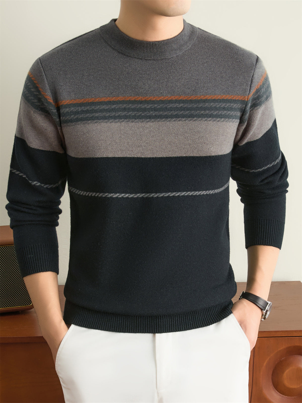 Autumn Winter Knit 3D Solid Round Neck Sweater, Basic Knit Pullover Top for Men, Fashionable Long Sleeve Sweater, Size Y - Medium Gray