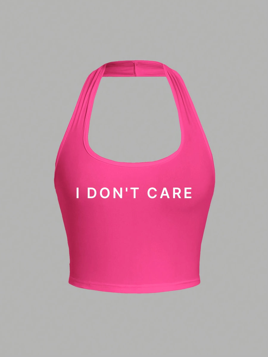 Casual Slim Slogan Print Short Tank Top for Summer Holidays I DON'T CARE - Dark Pink