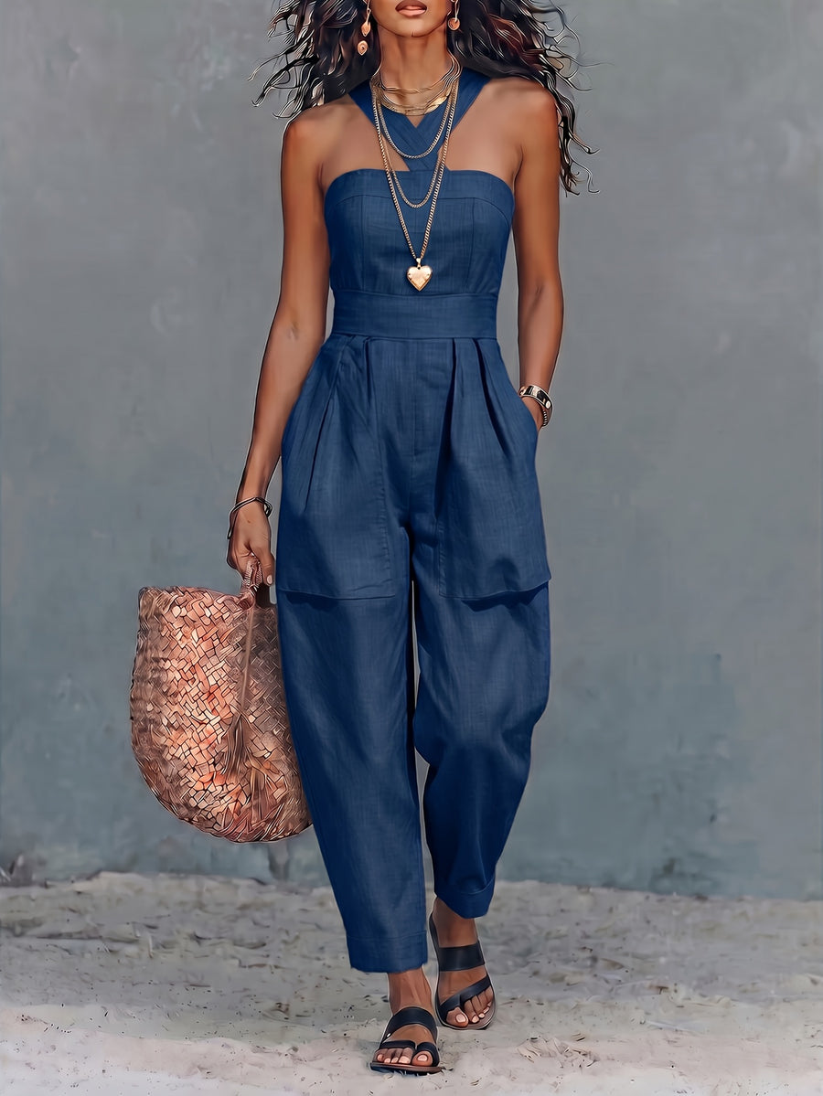 New Spring/Summer Women's Halter Neck Sleeveless Jumpsuit with Wide-Leg Loose-Fit Pants - Blue