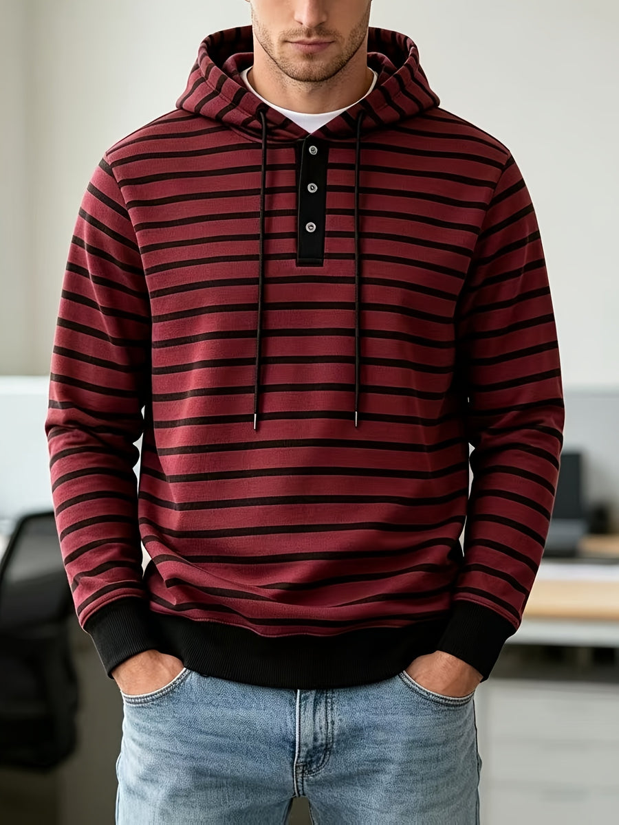 2026 New Men'S Striped Hooded Sweatshirt, Half-Button Drawstring Hoodie, Casual Long Sleeve Pullover Top - Red