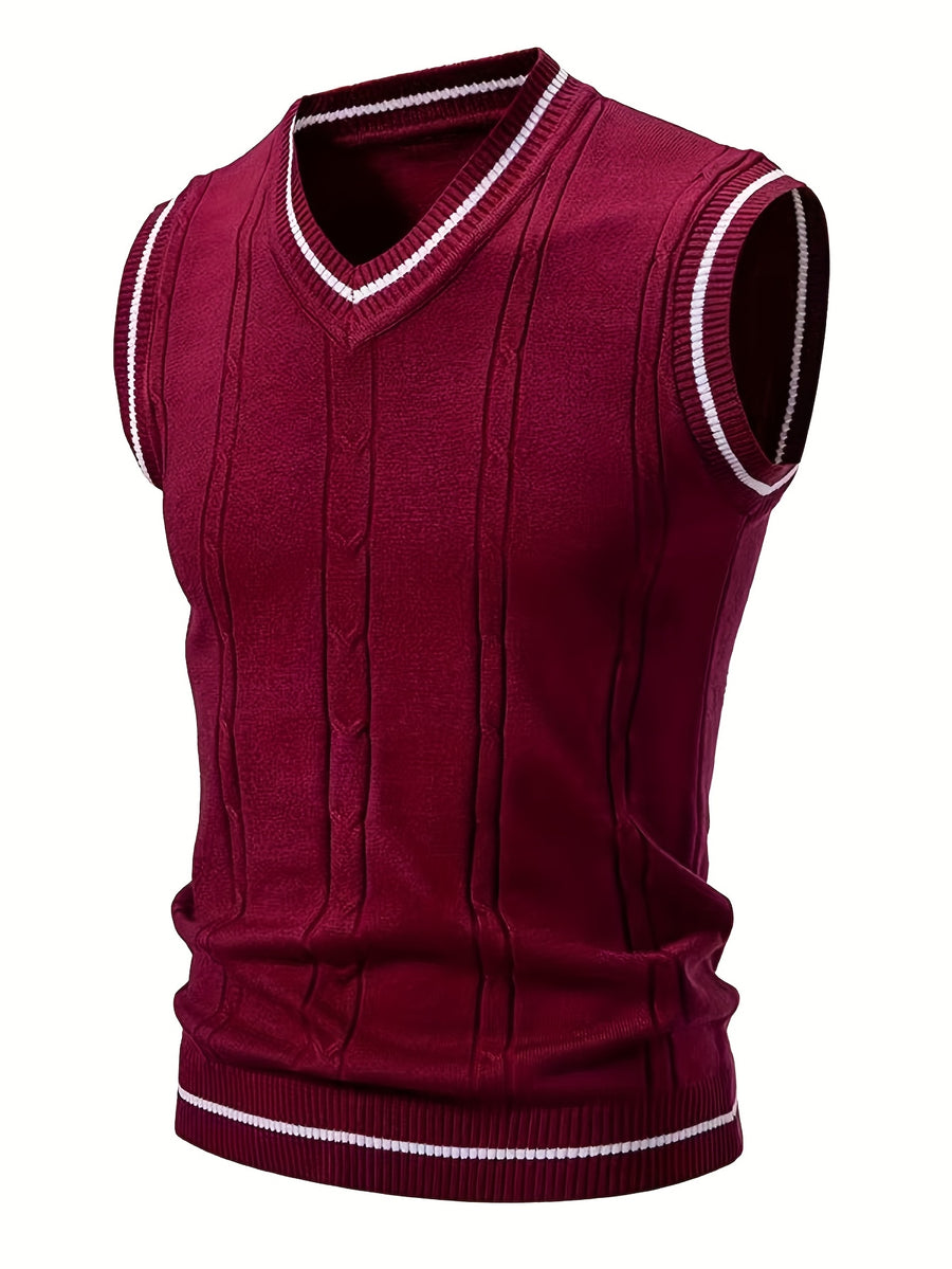 Men's V-neck Knitted Vest, Academic Style Striped Sleeveless Sweater, Spring/Autumn Business Casual Waistcoat - Burgundy