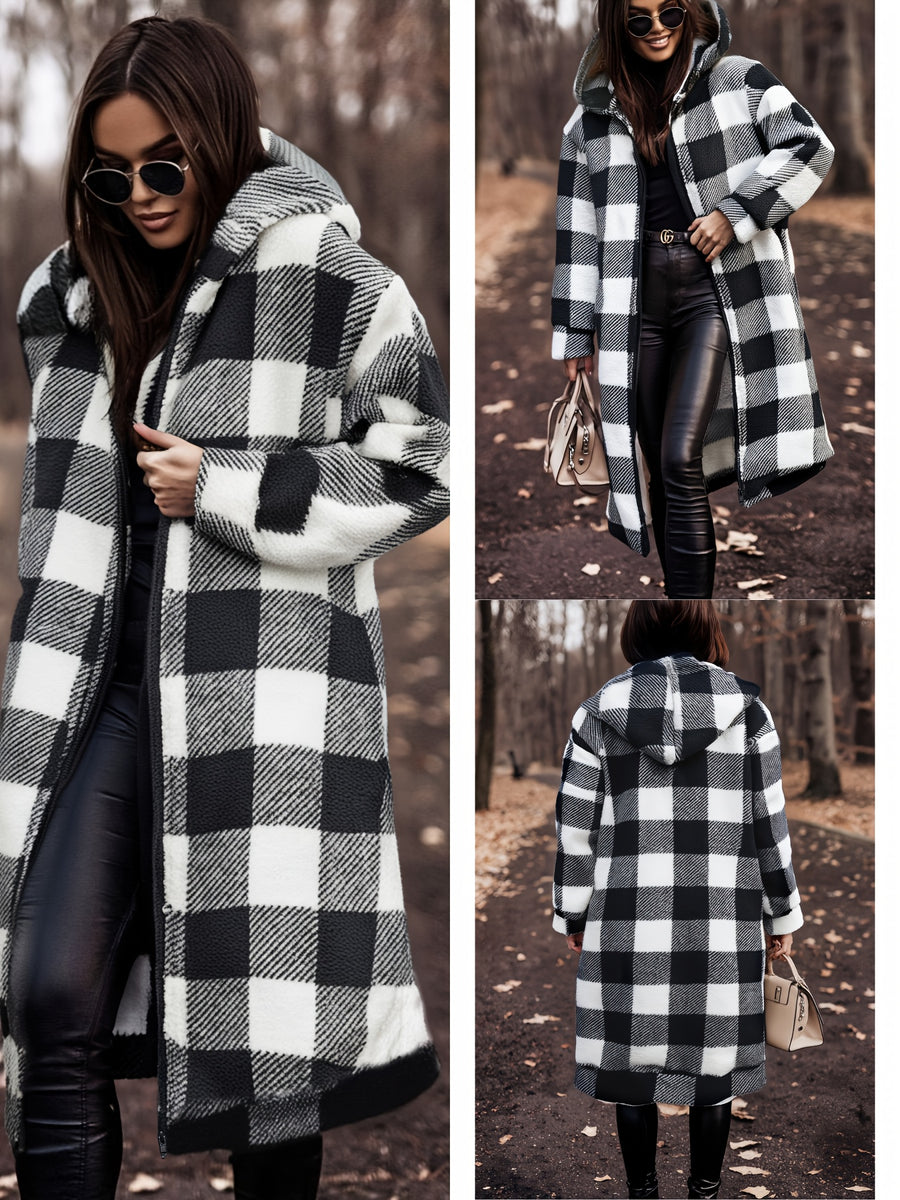 Winter Women's Hooded Cardigan, Two-Tone Plaid, Mid-Length, Thickened Warm Pea Coat - Mixed colors