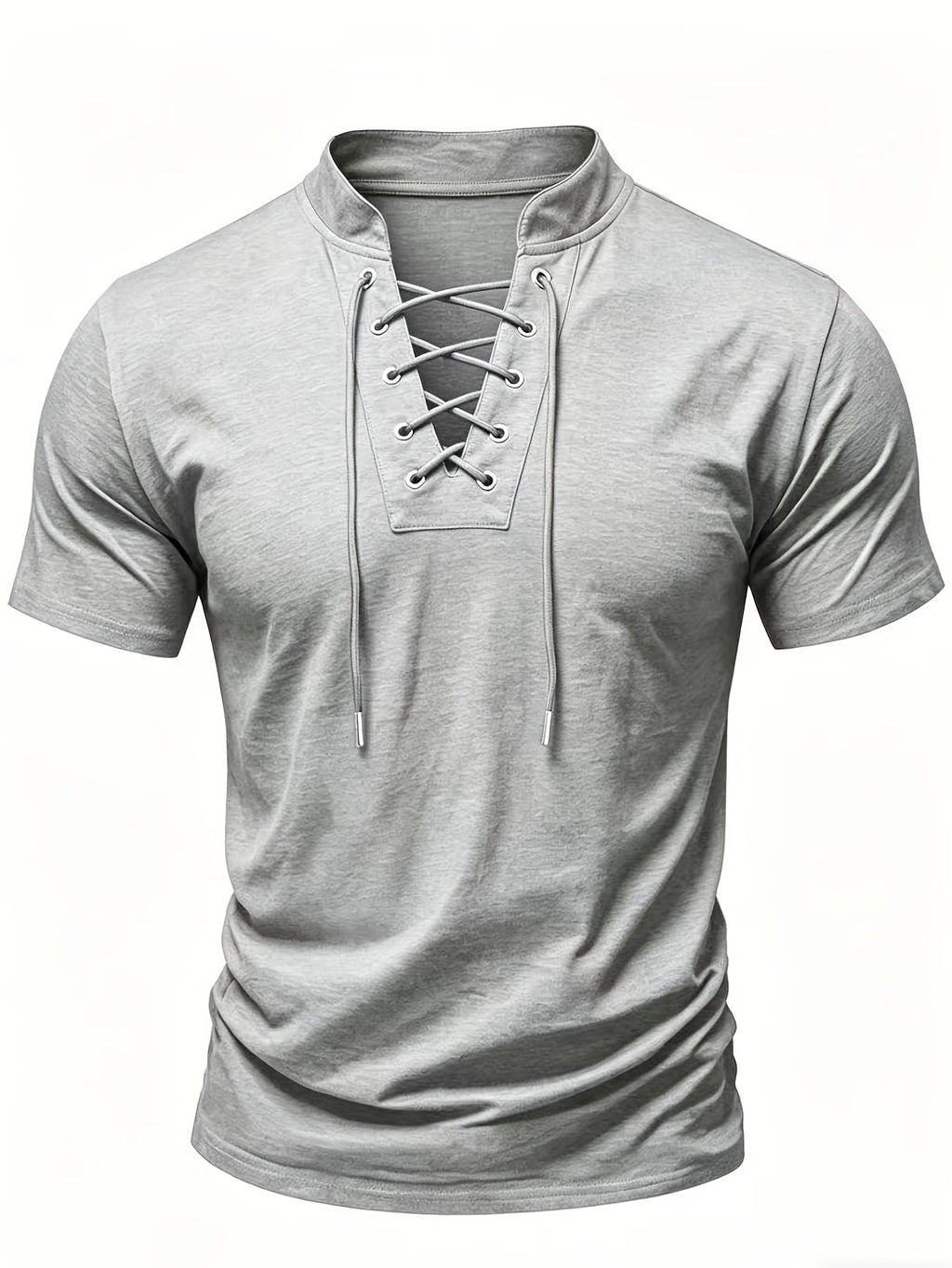Summer Latest Men'S Individual Design Stand-Up Collar T-Shirt, Fashionable Western Style Trendy High Street Short Sleeve - Light Grey