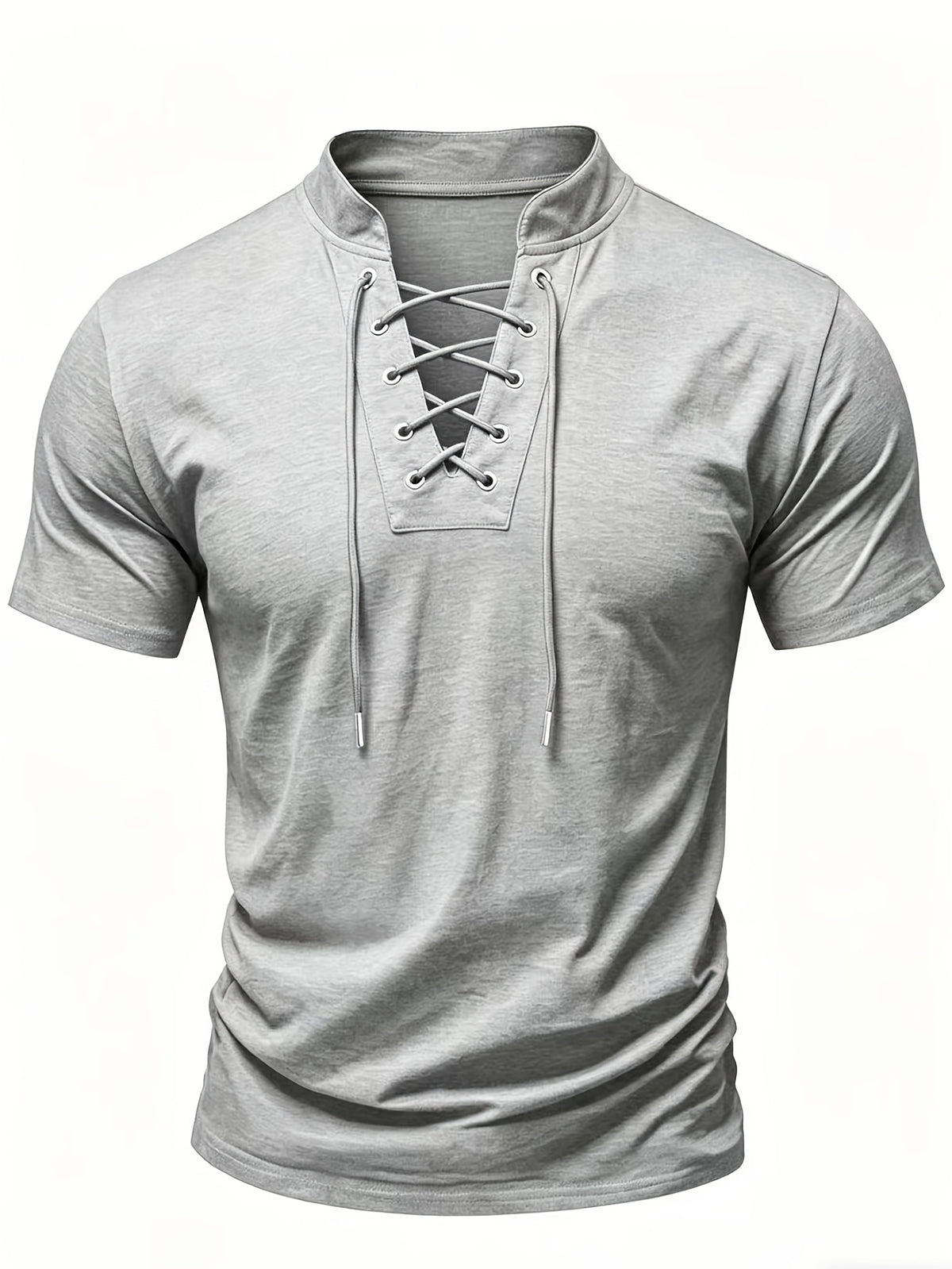 Summer Latest Men'S Individual Design Stand-Up Collar T-Shirt, Fashionable Western Style Trendy High Street Short Sleeve - Light Grey